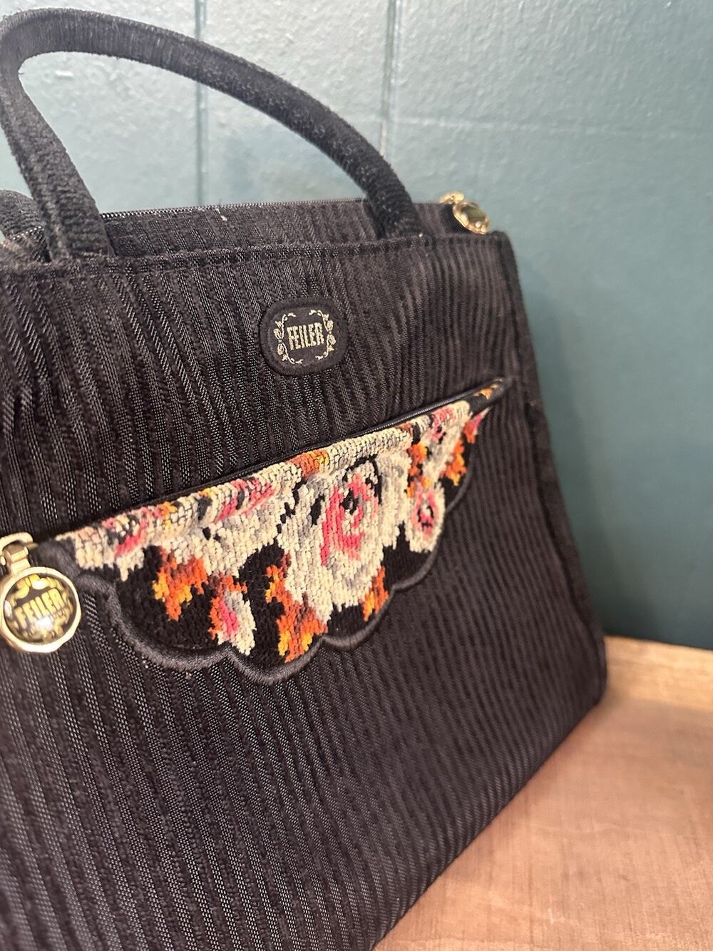 FEILER Germany Floral Tapestry Handbag Chenille Textile Bag Rare Vintage